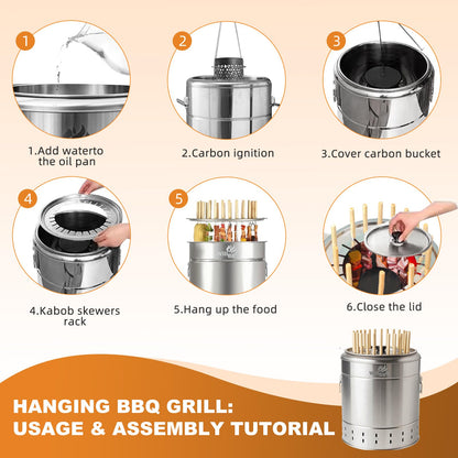 WILLBBQ Large Hanging Charcoal Grills, 360° Barrel Smoker, Stainless Steel Double-Wall Insulated, Portable for Outdoor Camping Patio (Silver)