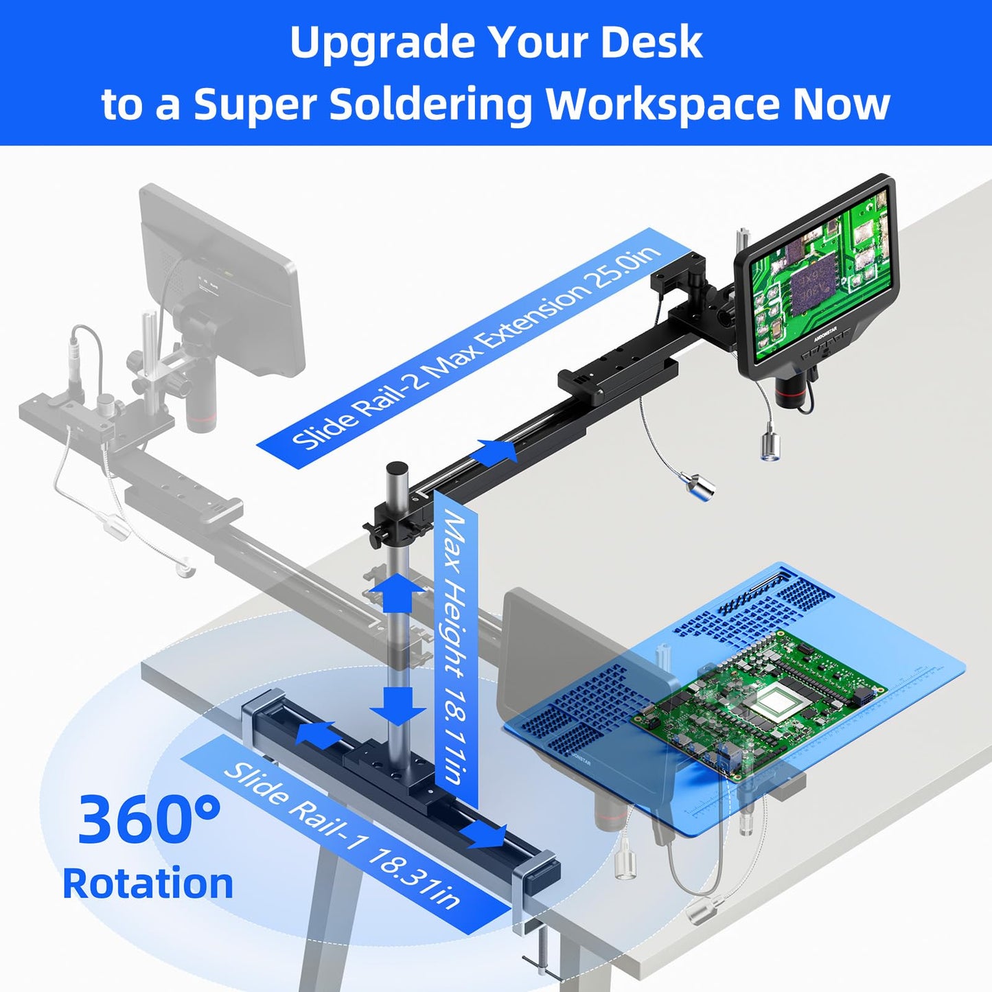 Andonstar AD409 SA 10.1'' HDMI Soldering Digital Microscope with Slide Rail Arm, Endoscope, 300X USB Electronic Microscope Camera for Professional PCB Repair, Soldering, Electronics, Windows PC