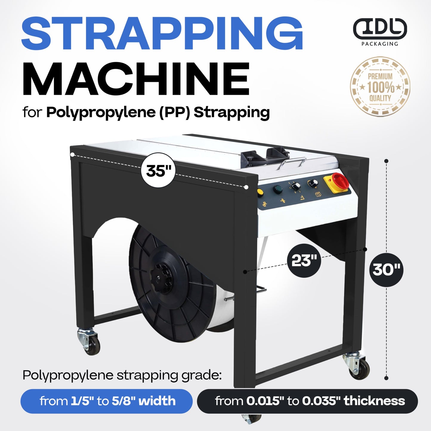 IDL Packaging Semi-Automatic Table Top Strapping Machine for Polypropylene (PP) Strapping - Closed Cabinet Design - Electronic Tension Control - Quality Materials and Low Maintenance Needs