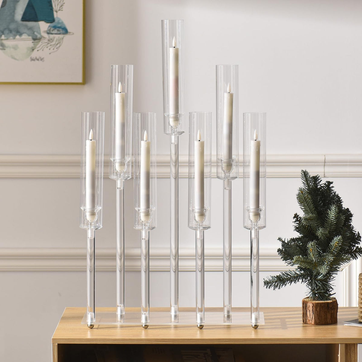 Generic Candelabra 7 Arm Acrylic Candlestick Candle Holder for Wedding Birthday Party Living Room Decor, 4pcs Set 26.5 Inch Tall, Clear