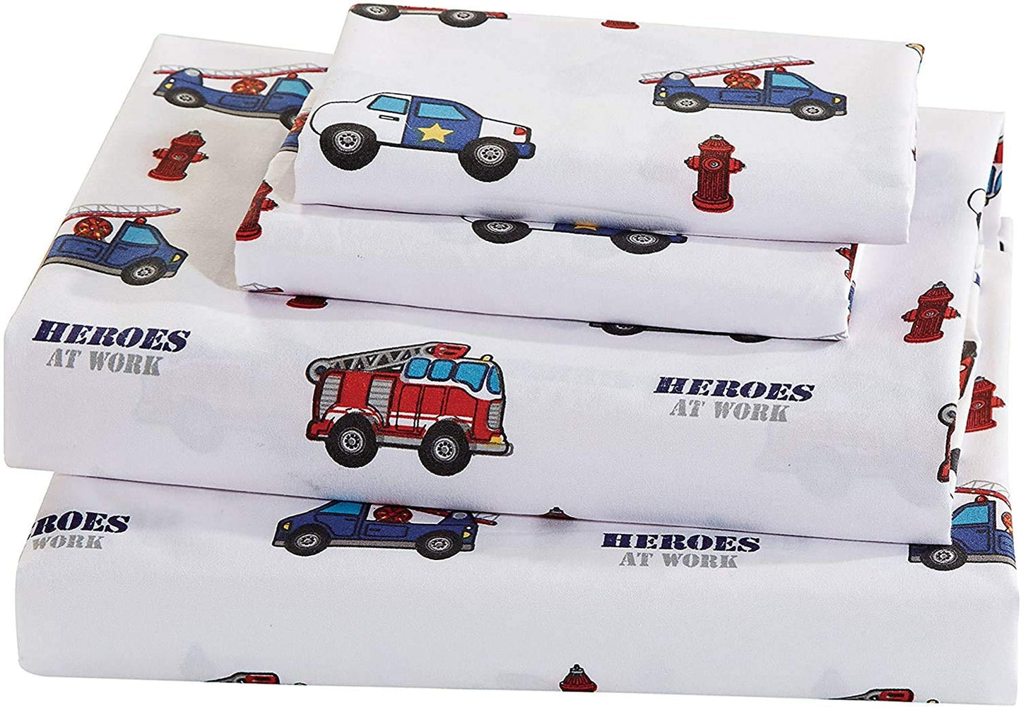 Linen Plus Sheet Set for Kids Heroes Fire Fighter Fire Trucks Police Car Ambulance Paramedic Navy Blue Red White Light Blue Grey Green Flat Sheet Fitted Sheet and Pillow Cases Queen Size New
