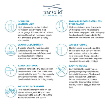 Transolid TCAB-2420-WSW 24-in All-in-One Laundry Cabinet Sink, Stainless Steel High Arc Faucet, and Basket in White