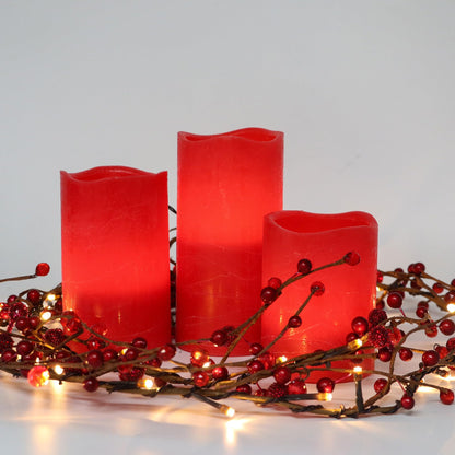 Rhytsing Red Battery Operated Flameless Led Candles with Timer Function, Warm White Flickering Light, Real Wax Finish, 6 Batteries Included - Set of 3
