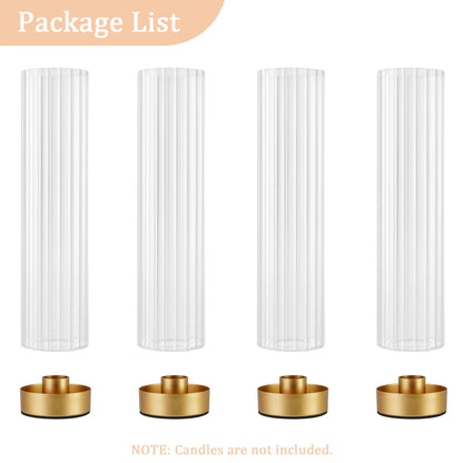 Hurricane Candle Holders Golden Taper Candle Sticks Holder, with 11" Thickened Glass Cylinder Covers Ribbed Candlesticks Holders Bulk Set of 4, Dining Table Centerpiece for Wedding