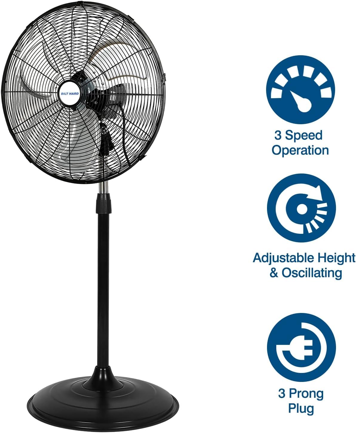 BILT HARD 20" High-Velocity Industrial Pedestal Fan with 3 Speeds, 5200 CFM Oscillating Stand Fan, Heavy Duty Metal Stand Fan for Commercial, Warehouse, Garage Use