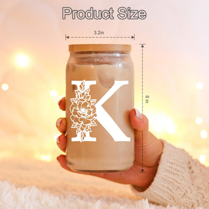 Coolife Initial Glass Cup, Monogrammed Gifts for Women, 16 oz Glass Cups w/Lids Straws, Iced Coffee Smoothie Beer Tumbler w/Straw Lid - Personalized Christmas, Birthday Gifts for Her Mom Friend Woman