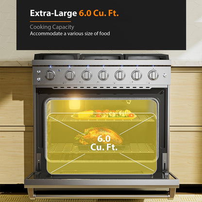 Empava 36 Inch Gas Range with 6.0 Cu. Ft. True Convection, 18,000 BTU Power Burner for Searing, 6 Sealed Burners, Convertible NG/LP, Stainless Steel Stove with Oven, CSA Certified