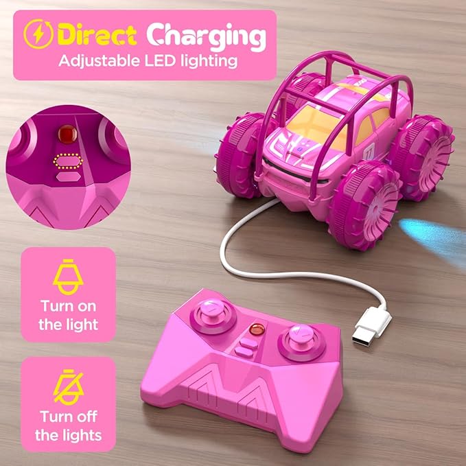 Remote Control Car Fast Direct Charging RC Cars Amphibious 360° Rotating LED Rechargeable Stunt Car 2.4Ghz 4WD All Terrain RC Race Cars Toy Christmas Birthday Gift for Kids Boys Girls Aged 3-12 years