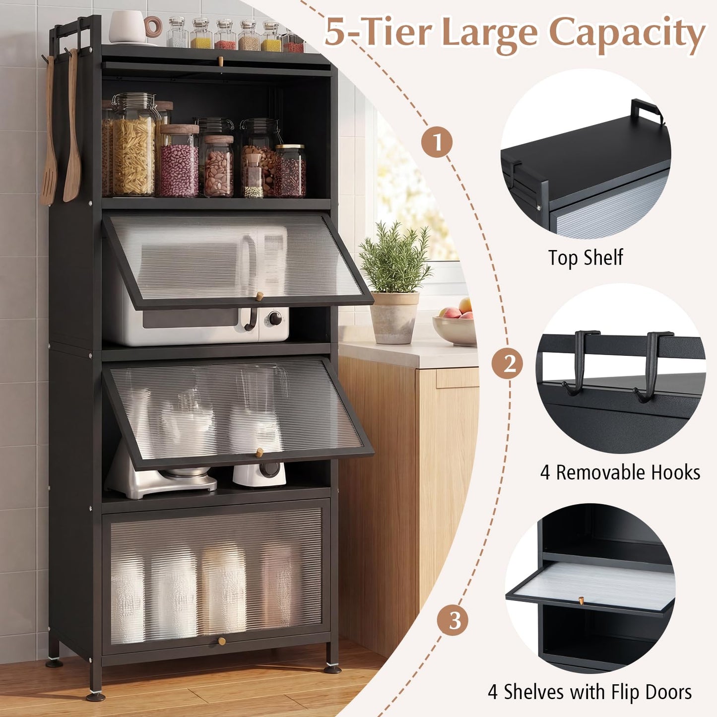 Giantex 5-Tier Kitchen Storage Cabinet, Mobile Microwave Stand with Flip-up PC Doors, Freestanding Kitchen Bakers Rack with 4 Rolling Casters, for Dining Room, Living Room and Study, Black