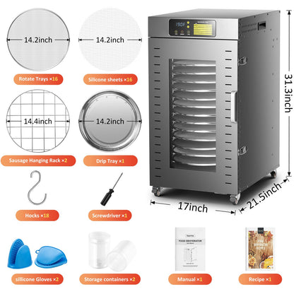Septree 360 Rotating Dehydrator 16 Trays, Commercial Large Capacity Auto-Rotate Food Dryer Machine with Timer, for Beef Jerky Herbs Dog Treats, 1500W Fast Drying Industrial Dehydrater Stainless Steel