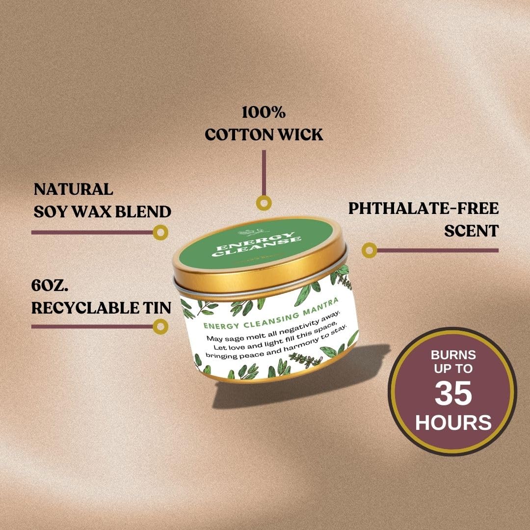 Premium Sage Candle with Energy Cleansing Mantra – Natural Soy Wax, Cotton Wick, Paraben and Phthalate-Free Scent, Non Toxic - Clean Scented Candles for New House, Housewarming, Smudging 6oz
