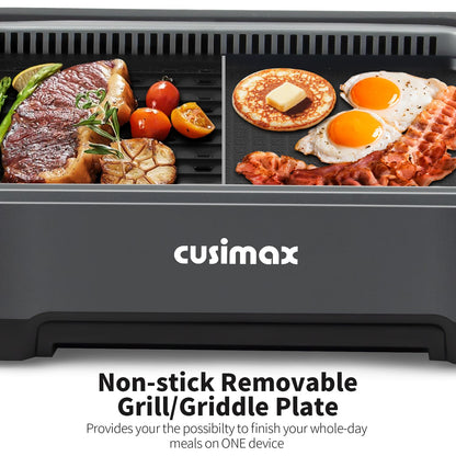 CUSIMAX Smokeless Grill, Electric Indoor Grill, 1500W Korean BBQ Grill with Non-stick Removable Grill/Griddle Plate, LED Smart Display & Tempered Glass Lid, Grey