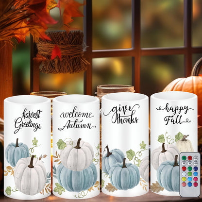 Tiamon 4 Pack Fall Led Candles with Remote - Blue Pumpkin Flameless Candles - Autumn Battery Operated - Warm Light Flickering - Harvest, Thanksgiving Table Decorations, Gift