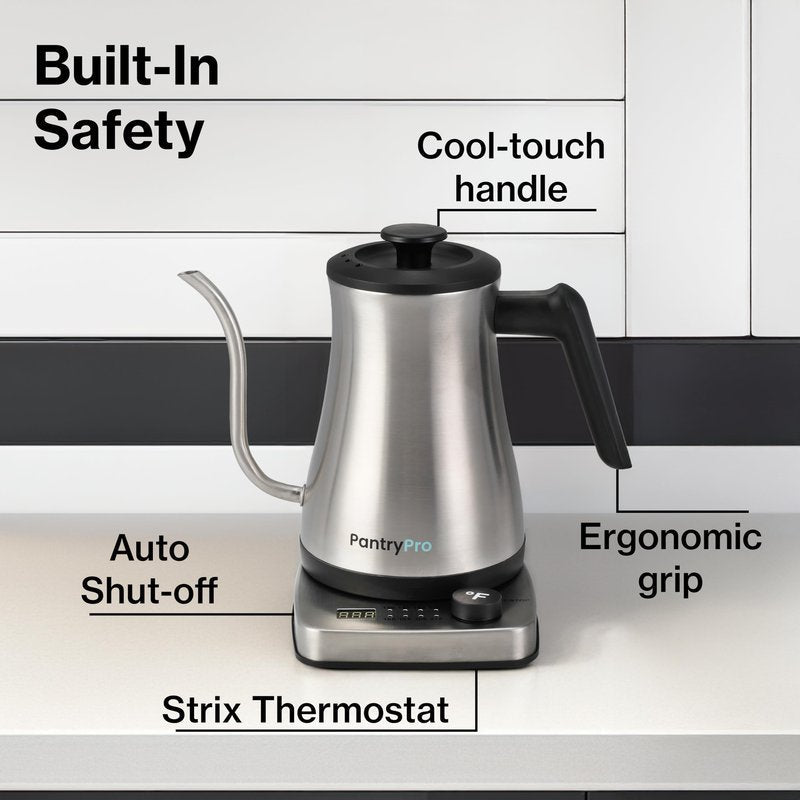 PantryPro Gooseneck Electric Kettle with Temperature Control, 34oz/1.0L Rapid Boil, Stainless Steel Interior, Auto Shut-Off, 1500W, Boil-Dry Protection, LED Indicator - Steel
