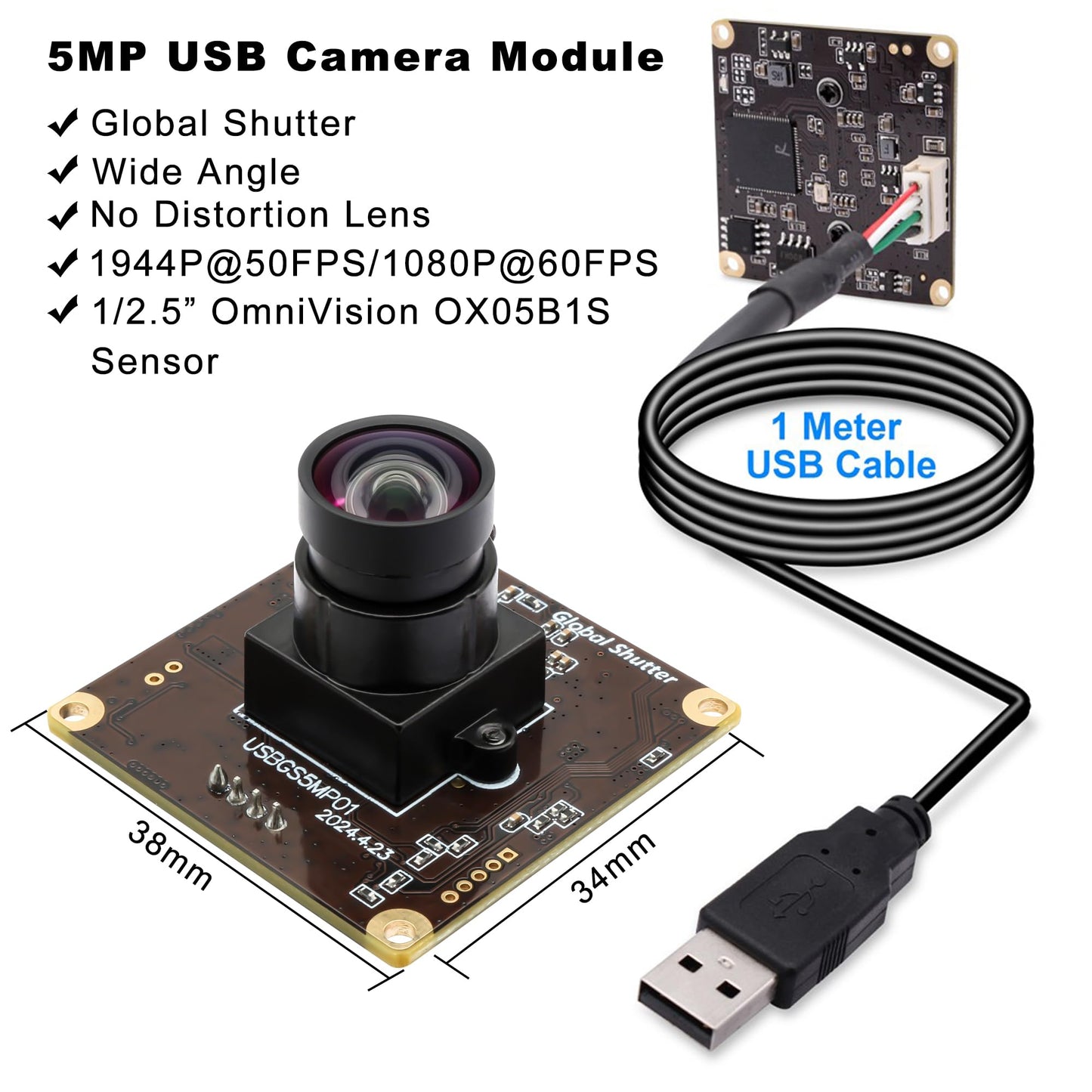 ALPCAM 5MP Global Shutter USB Camera Module, High Speed 60fps 1080P PC Webcam with No Distortion Lens Lightburn Camera, for Computer, Laptop, Android, and Raspberry Pi