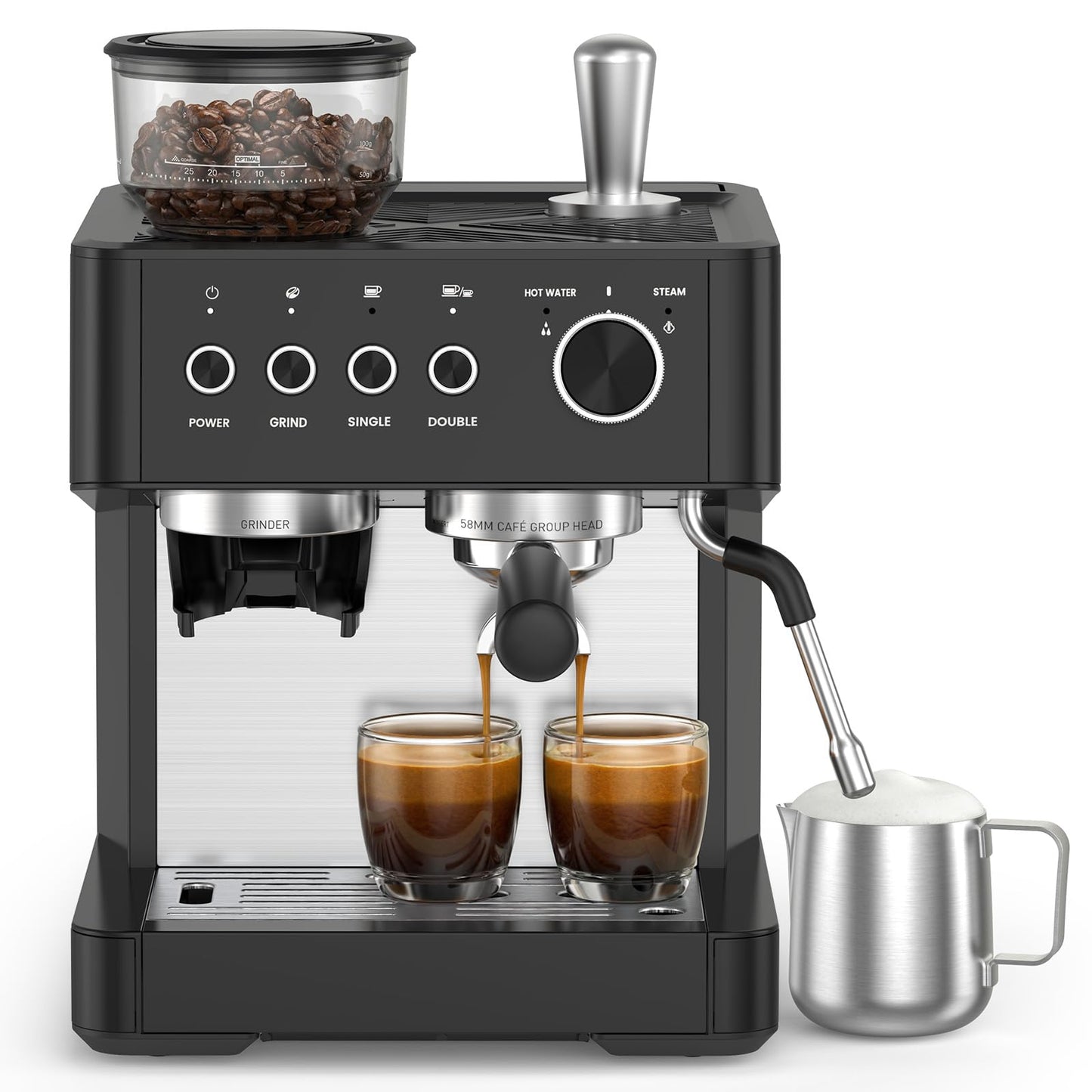 Kismile 20-Bar Espresso Machine with Grinder, Expresso Coffee Machines Coffee Maker with Grinder, Milk Frother/Steam Wand & Tamping Tools for Cappuccino & Latte