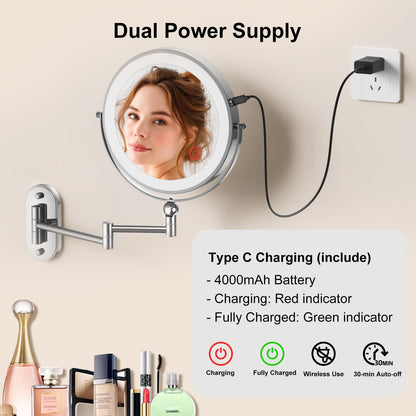 9" Wall Mounted Lighted Makeup Mirror,4000mAh Rechargeable Double Sided 1X/10X Magnifying Mirror with Light,3 Color Lights,Touch Dimmable,Extended Arm 360 Rotation Wall Mounted Makeup Mirror