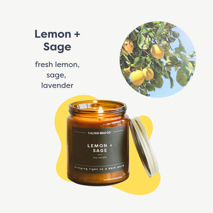 Calyan Wax Co. Lemon & Sage Scented Candle - 57 Hour Burn - Luxury Clean Soy Wax Candles - Long Lasting Amber Glass Jar Candle for Home - 7.2oz