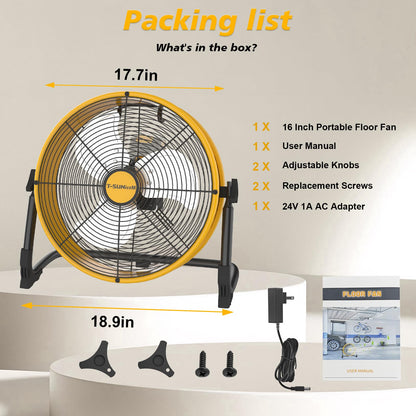 16" Battery Operated Floor Fan Compatible with Dewalt 20V Max Battery, Portable Fan with AC Adapter and USB Output, Metal Industrial High Velocity, Stepless Speed Cordless Fan for Jobsite Camping