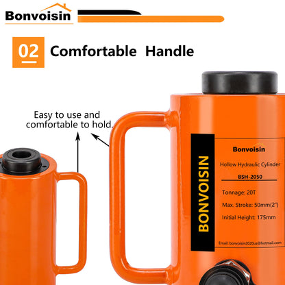 Bonvoisin Hydraulic Hollow Jack Cylinder 20T Hydraulic Ram Cylinder 2" Stroke Porta Power Ram Single Acting Lifting Cylinders for Machinery Shipbuilding