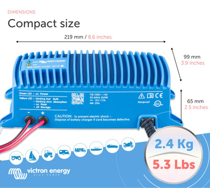 Victron Energy Blue Smart IP67 Smart Marine Battery Charger 12V 17A, Float & Trickle Charger and Desulfator for Boat, ATV, RV, Lithium and Deep Cycle Batteries