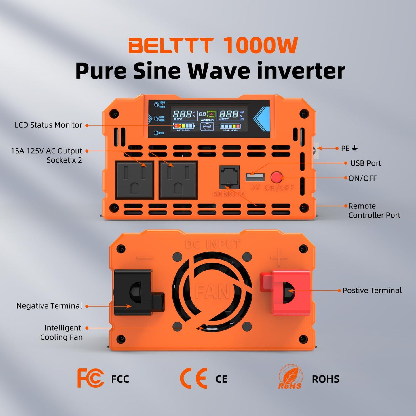 BELTTT 1000Watt Pure Sine Wave Inverter 12V DC to 120V AC for RV, Truck, Off-Grid, Solar Inverter 12V to 110V Converter with Dual AC Socket and 5V 2.1A USB, Power Inverter, Intelligent LCD, 2000W Peak