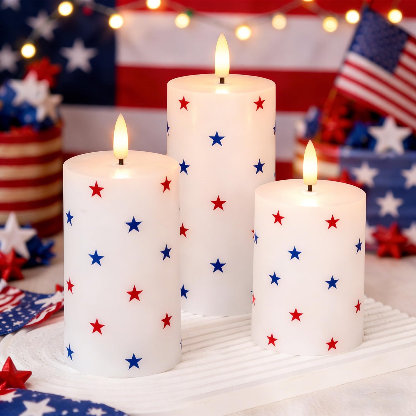JOIONE 4th of July Flameless Pillar Candles with Remote, 3 Pack Patriotic Battery Operated Real Wax LED Candles, Perfect for Independence Day Home Decorations Fireplace Table, Star Sticker