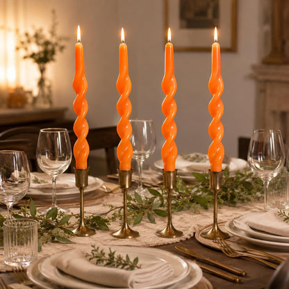 Spiral Taper Candles Set of 4, 10 Inch Orange Handmade Candle Stick, Unscented Tapered Candles, Twisted Candles for Wedding Dinner Table Home Decor Gift