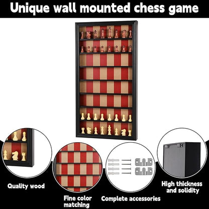 Giant Wall Mounted Board Game Wooden Chess Game Set with A Complete Set of Carved Chess Pieces Vertical Display Cabinet for Home Games Hanging Art Home Decoration (Black)