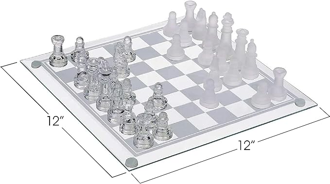 Gamie Premium Glass Chess Set 12 Inch - Elegant Design - Durable Build - 32 Frosted and Clear Pieces - Felted Bottoms - Easy to Carry - Stable &amp Fully Functional for Chess Lovers
