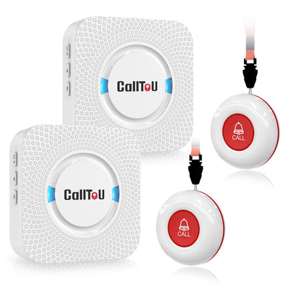 CallToU Wireless Caregiver Pager Smart Call System 2 SOS Call Buttons/Transmitters 2 Receivers Nurse Calling Alert Patient Help System for Home/Personal Attention Pager 500+Feet Plugin Receiver