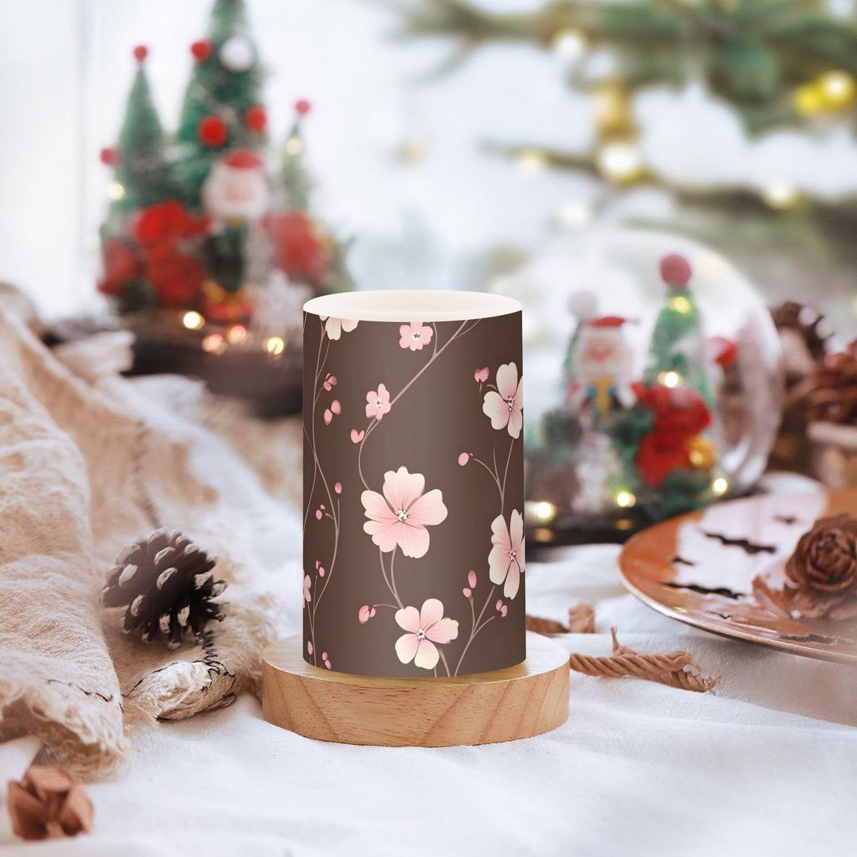 ALAZA Pink Cherry Blossom Flower Pattern Flameless Candles Flickering LED Candles with Remote Timer Battery Operated Pillar Candles Set of 2 for Dinner Holiday Decor
