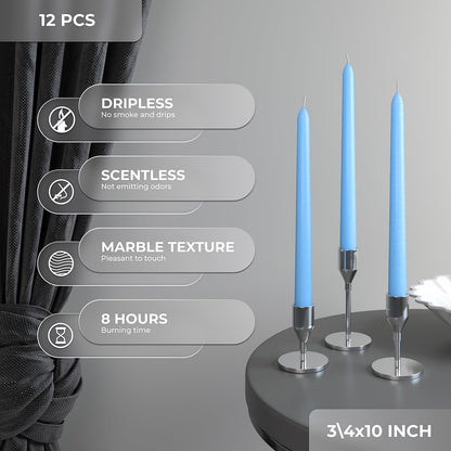 CANDWAX Light Blue 10 inch Taper Candles Set of 12 - Unscented Smokeless Dripless Tall Candlesticks - Perfect for Special Occasions, Ordinary Dinners and as Easter Candles - Light Blue Candle Sticks