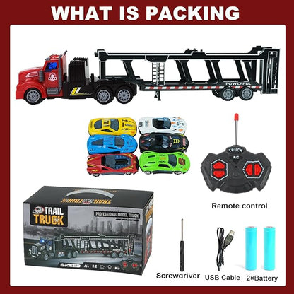 Remote Control Car Transporter Truck Includes 6 Cars 14 1:48 Car Transporter Semi Truck Toy Equipped with 2 Rechargeable Batteries Gifts Ideas for Boys Age 3-8 Year Old