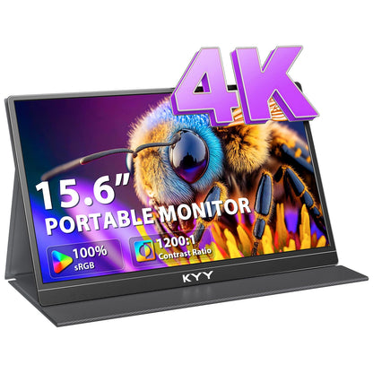 KYY 4K Portable Monitor for Laptop, 15.6'' Computer Screen Extender UHD 3840x2160,100% sRGB, 400 Nits, IPS Travel Monitor w/Speakers & Smart Cover for Laptop Xbox PS5 Switch PC Phone, VESA Compatible