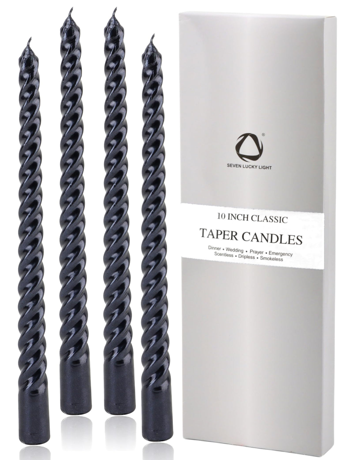 SEVEN LUCKY LIGHT 10 Inch Spiral Black Taper Candles Set of 4, Metallic Finish Dripless Candlesticks, 8+ hrs Smokeless Clean Burning for Halloween, Home, Dinner, Wedding & Church Decor