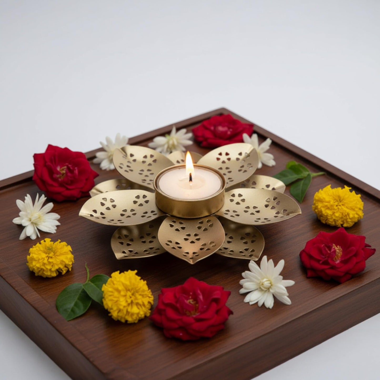 Decorative Metal Tea Light Candle Holder, Gold, Flower Design with Heart Pattern Cutouts, 3 Inch