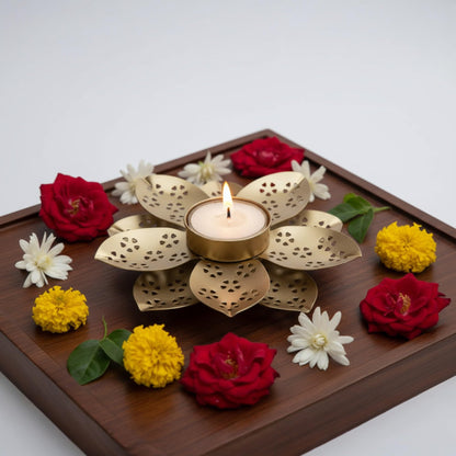 Decorative Metal Tea Light Candle Holder, Gold, Flower Design with Heart Pattern Cutouts, 3 Inch
