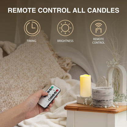 Biyanuo 9PACK Outdoor Plastic flameless Candles with Remote Control and Timer, LED Flickering Battery Operated Electric Pillar Candles (D3 xH5.5) for Camping, Weddings, Home Decoration