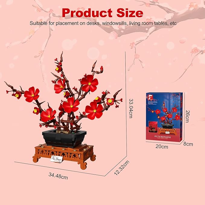 Plum Blossom Building Sets Red Plum Buiding Blocks Artificial Flowers for Table Decor Plants Collection Blocks Kit for Living Room Home Office Christmas &amp Birthday Gifts for Ages 14+ 692PCS