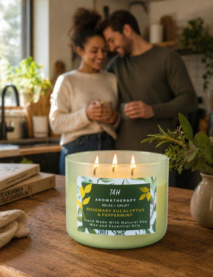 Rosemary Eucalyptus Peppermint 3 Wick Candle for Home Scented | 15.8 oz Large Soy Candle | Spa Aromatherapy Candles for Home Stress Relief | Clean Burn | Gift for Women & Men