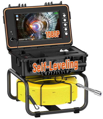 Drain Camera 165ft Self-Leveling with Meter Counter, 9 inch 1080p HD Screen, IP68 Waterproof Sewer Scope, 12 LED Lights, 32GB DVR Pipe Inspection System for Plumbing Line, Duct and Main Line