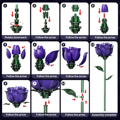 Purple Rose Bouquet Building Set for Girls &amp Boys - 12 Pack Botanical Collection Gift for Easter Basket Artificial Flowers Botanical Collection Centerpiece Retro Decor