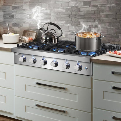 AAOBOSI 36 inch Gas Cooktop, Freestanding Range Commercial Cooktops, Built-in Propane Stoves Top NG/LPG Switch, Cast Iron Stove Top Covers for with 6 Gas Burners for Cooking, Grilling
