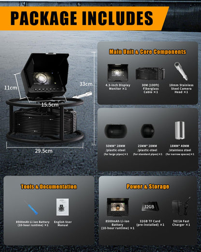 Sewer Inspection Camera 100ft/30M with 4.3" Monitor, 32GB DVR Drain Camera, 18mm 1080p Probe & 8500mAh Battery, IP68 Waterproof Endoscope – Heavy Duty All-Metal Rack for Plumbing, Drain Inspection