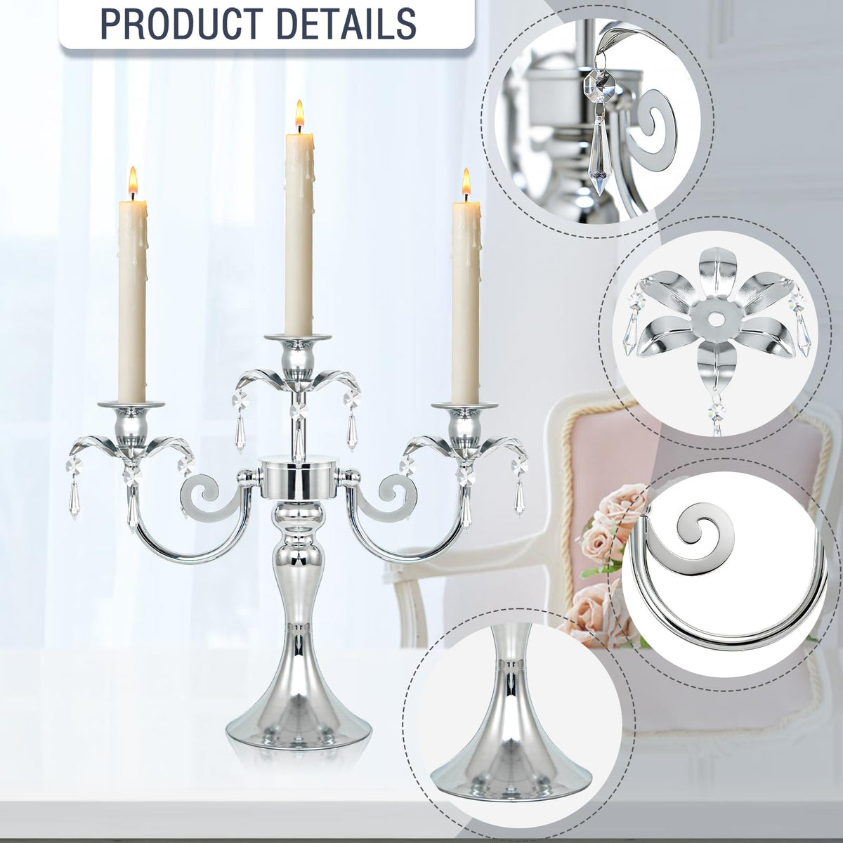 KEHAIL Metal 3 Arm Taper Candlestick Stand with Crystal Pendants - 11.8 Inch Tall Candle Holders, Elegant Centerpieces Candelabra for Wedding, Dining Table, Christmas Party (6Pcs, Silver)