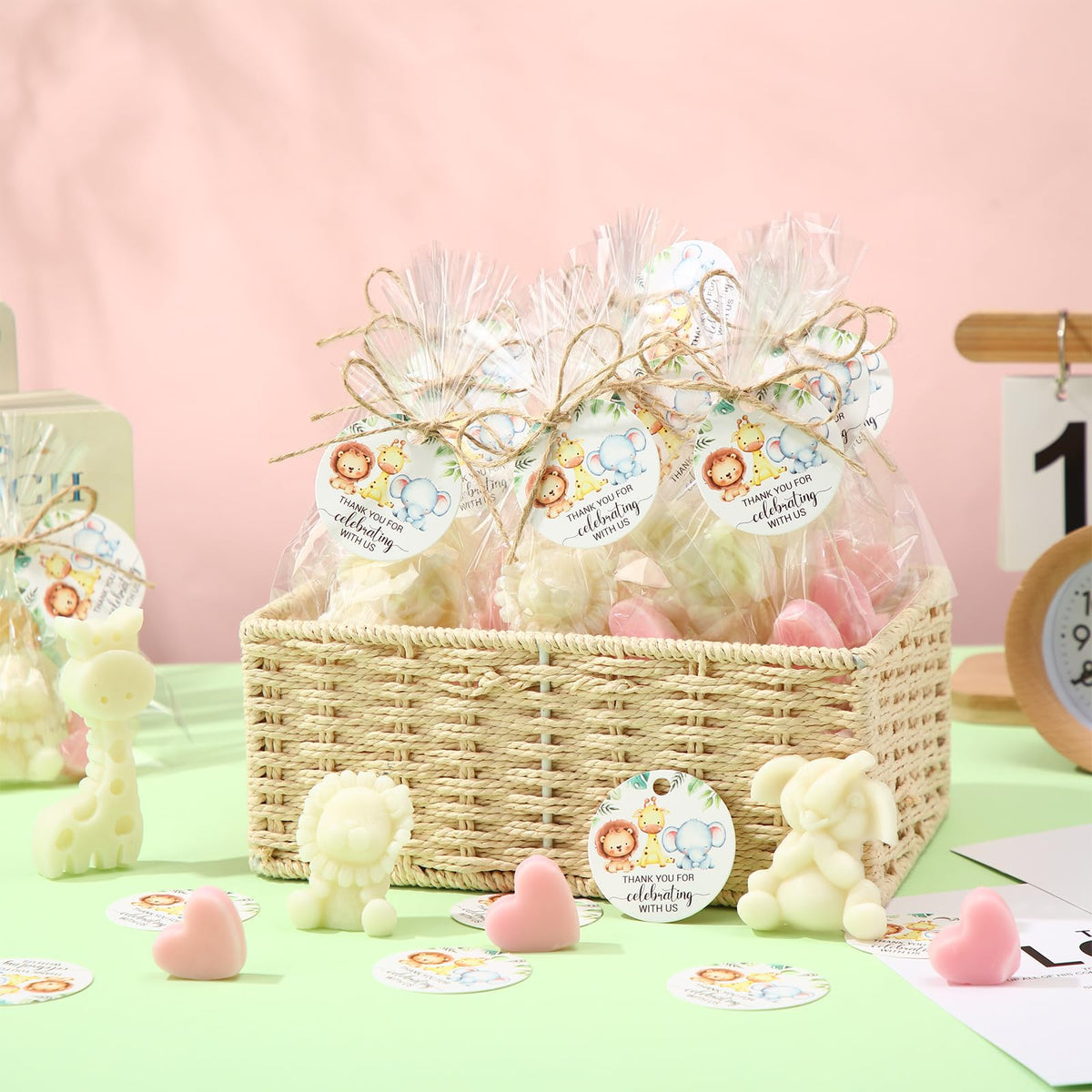 Demissle 20 Sets Safari Animal Baby Shower Soaps Favors for Guests Jungle Greeting Card Bath Gift for Birthday (Pink)