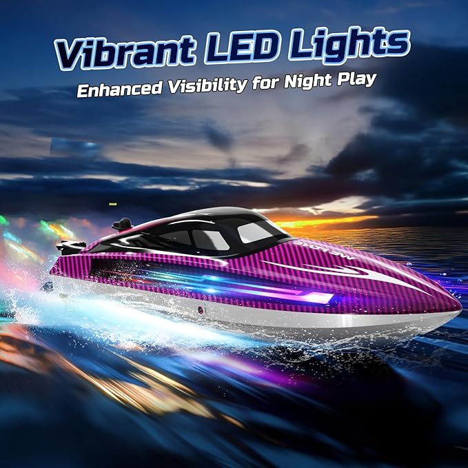 Remote Control Boat for Adults 25+ KMH Fast RC Speed Boat with LED Light for Kids Self-righting Demo WF17 Ideal Pools and Lakes Toys 2 Rechargeable Batteries for 30-40 Mins Purple