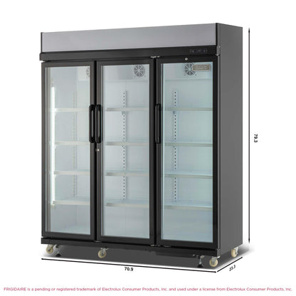 Frigidaire Commercial, 70.9" Triple Door Glass Display Refrigerator, Merchandiser Fridge, 49 Cu Ft, LED Lighting, 8 Wire Shelves, Digital Temperature Control, Self-Closing Glass Doors