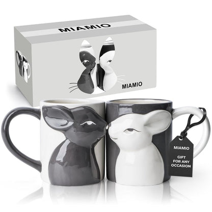 MIAMIO - Kissing Rabbit Mug Set of 2/13.5 oz Coffee Mug for Couples/Ceramic Coffee Cup Set/Gifts for Women/Men for Birthday, Easter or Christmas - Microwave- and Dishwasher Safe